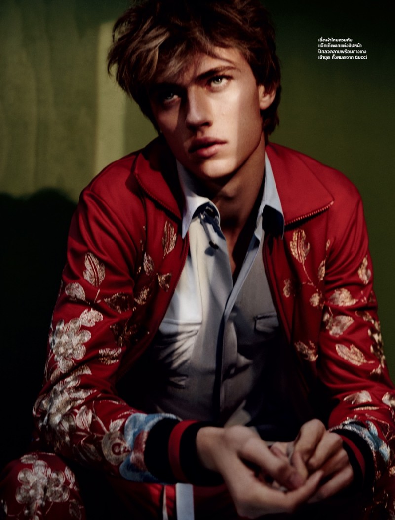 Lucky Blue Smith poses in a spring ensemble from Italian fashion house Gucci.