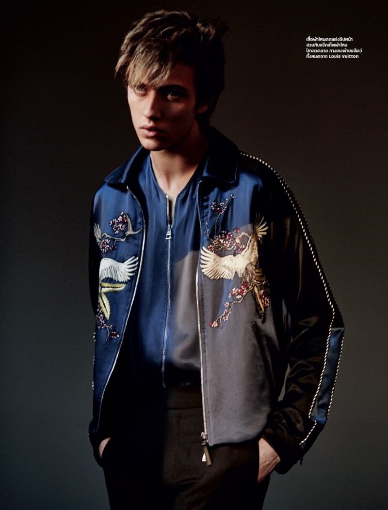 Lucky Blue Smith models Louis Vuitton for the pages of L'Optimum Thailand.