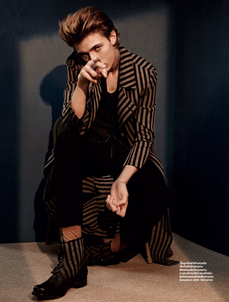 Lucky Blue Smith embraces striped fashions from John Varvatos.