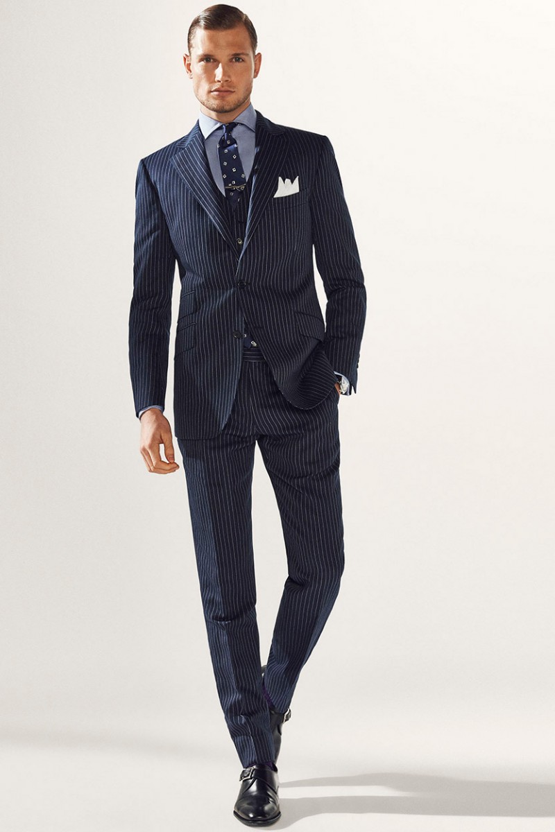 Model Stefan Pollmann dons a pinstripe suit from Massimo Dutti's spring-summer 2016 business collection.
