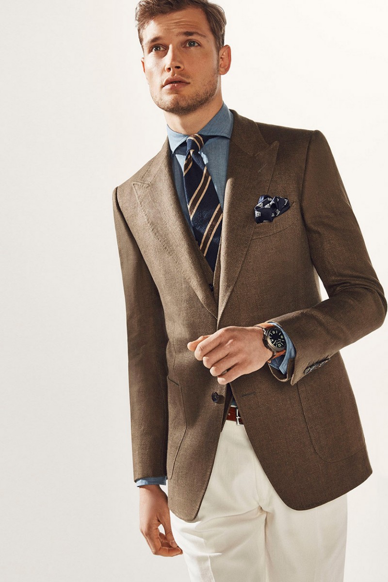 Brown suiting comes into play as Stefan Pollmann wears a tailored look from Massimo Dutti's country luxe collection.