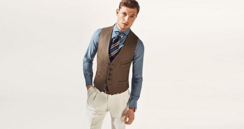 Stefan Pollmann embraces brown and blue for a Massimo Dutti waistcoat look.
