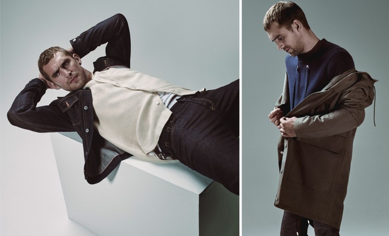 Left: Will Chalker wears overshirt Inis Meain, t-shirt The White Briefs, boxers Sunspel, denim jacket and jeans Jean Shop. Right: Will Chalker wears parka Raf Simons, sweater Craig Green and Petit Standard slim-cut jeans A.P.C.