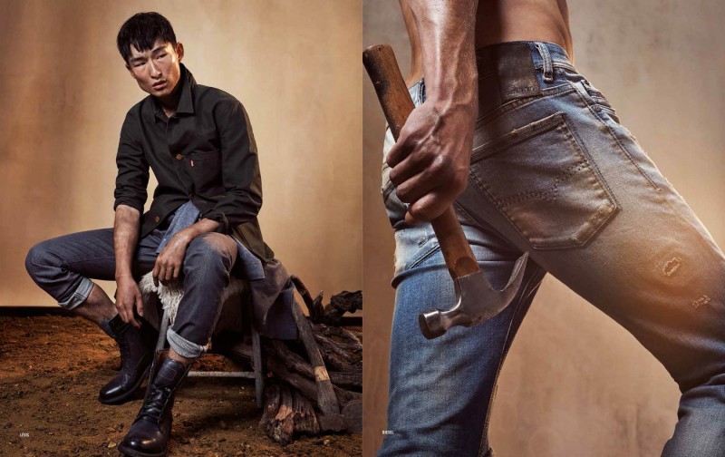 Sang Woo Kim models a workwear-inspired look from Levi's.