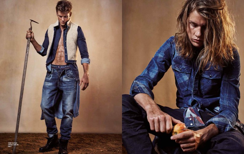 Photographed left, Chris Doe models distressed denim from Tommy Hilfiger. Pictured right, James Phillips wears a plaid print denim shirt.