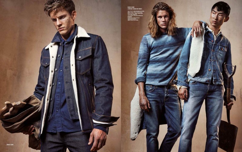 Pictured left, Chris Doe wears a denim ensemble from Nudie Jeans. Showcasing more looks from the brand, James Phillips and Sang Woo Kim are photographed right.