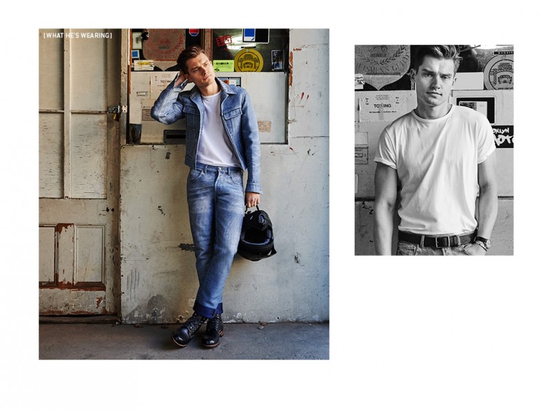 Vladimir Ivanov wears brushed silver cuff Le Gramme, M12 watch Miansai, Miles boots Wolverine 1000, jeans and bonded tee Calvin Klein Collection.