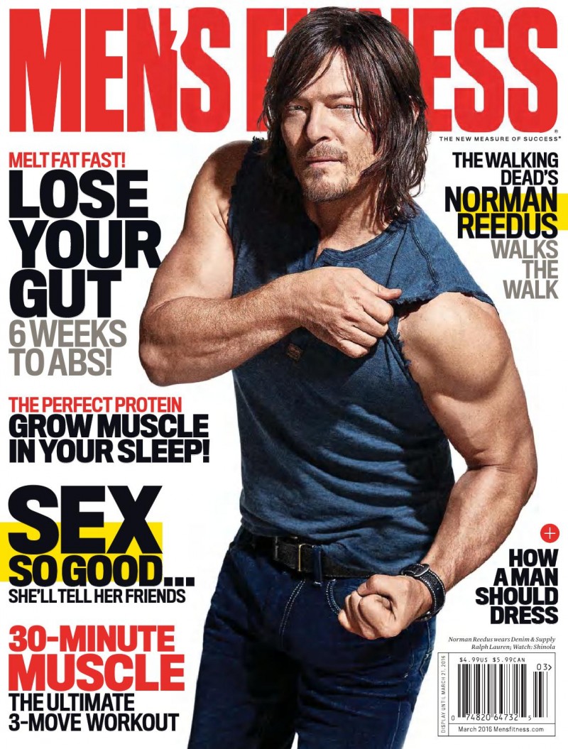 Norman Reedus covers the March 2016 issue of Men's Fitness.