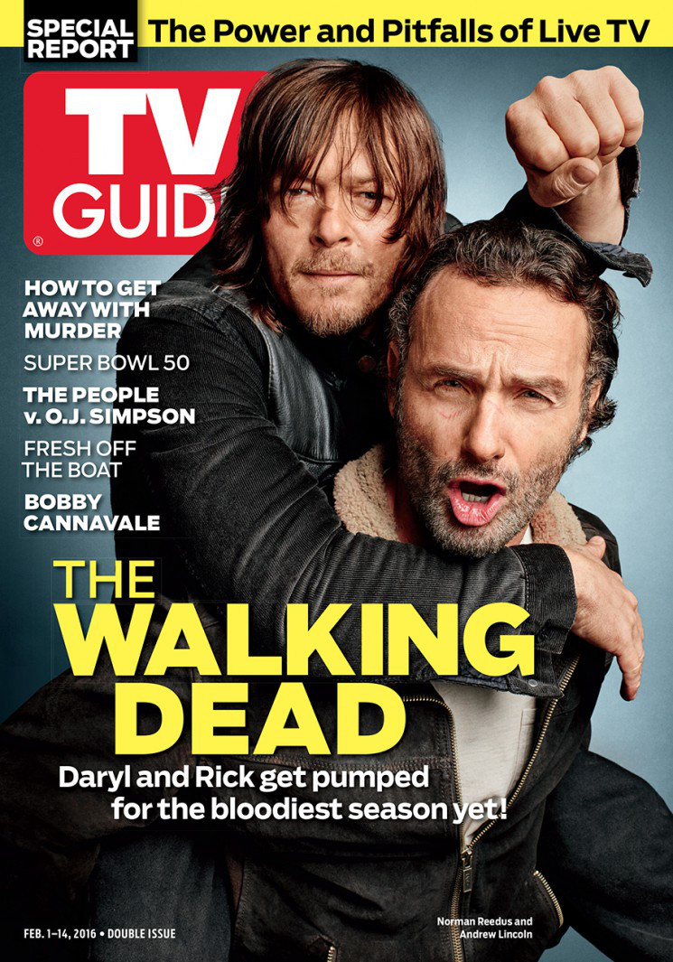 The Walking Dead stars Norman Reedus and Andrew Lincoln cover the February 1-14, 2016 issue of TV Guide.