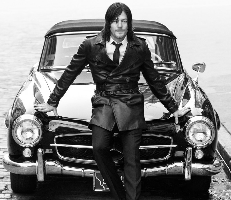 Norman Reedus photographed by Ben Watts in a leather coat for Men's Fitness.