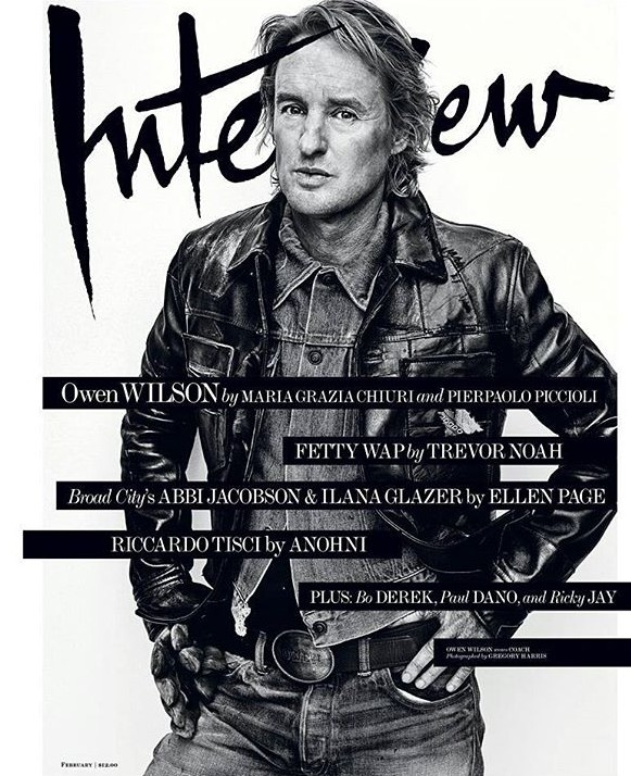 Owen Wilson sports a leather jacket and denim ensemble for the February 2016 cover of Interview magazine.