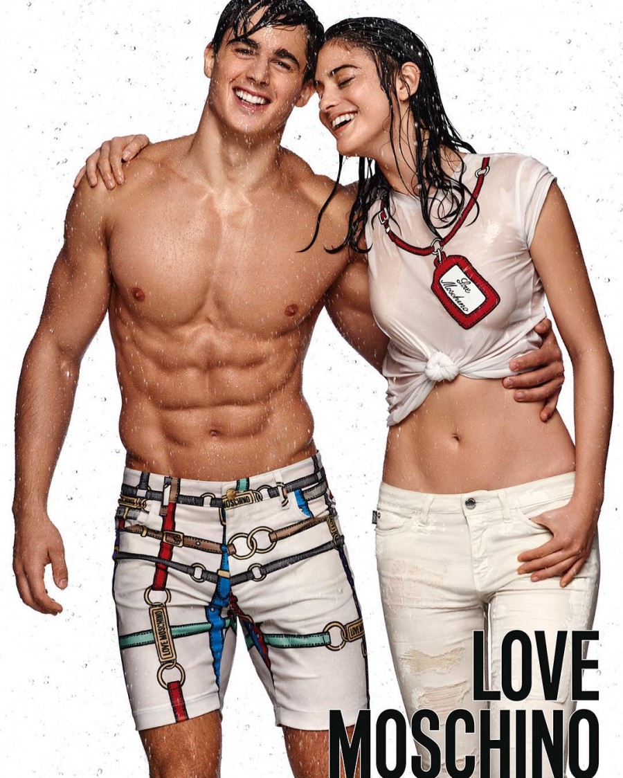 Pietro Boselli and Alejandra Alonso model white fashions for Love Moschino's spring-summer 2016 campaign.