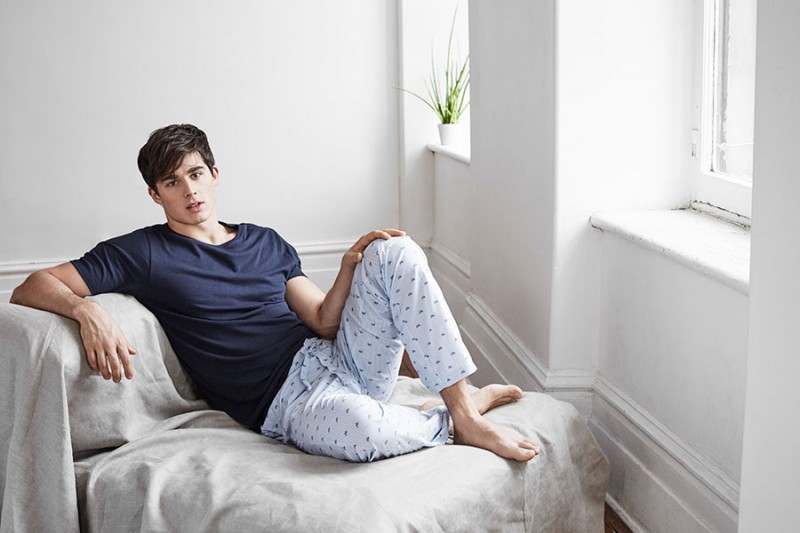 Pietro Boselli relaxes in LE 31 lounge separates for Simons.
