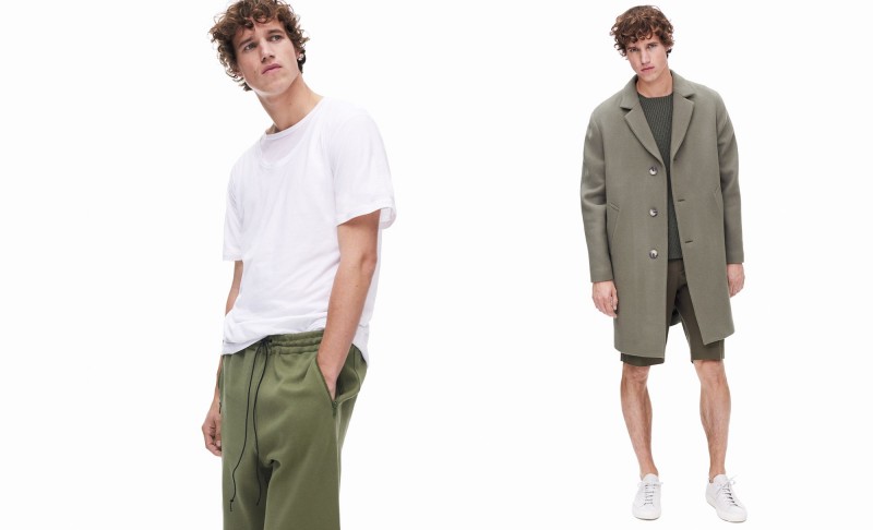 Left: Antoine Renouf wears double-layer t-shirt and 70s jersey track pants Raey. Right: Antoine Renouf wears trainers Common Projects, overcoat, ribbed sweater and shorts Raey.