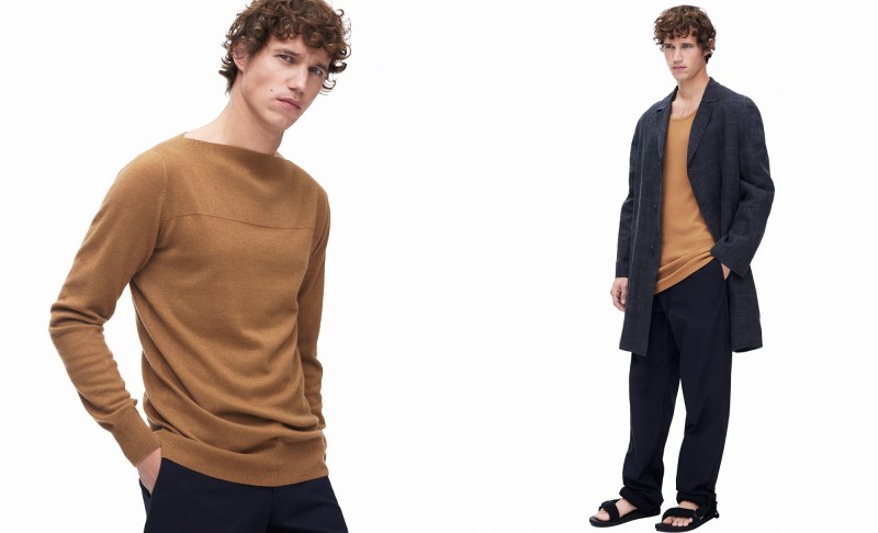 Left: Antoine Renouf wears cashmere jumper and chino trousers Raey. Right: Antoine Renouf wears linen-blend coat, waffle jumper and drawstring-waist ripstop trousers Raey.