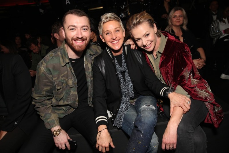 Sam Smith, Ellen DeGeneres and Portia de Rossi at Saint Laurent's fall-winter 2016 show in Los Angeles, California.