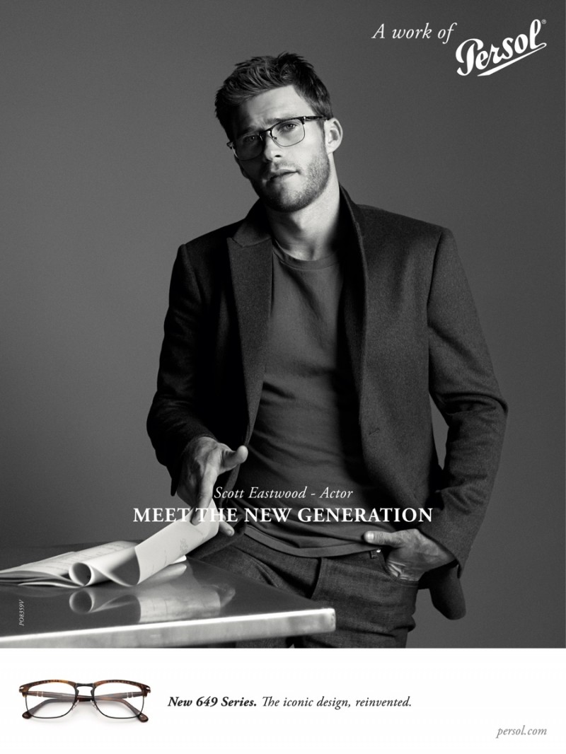 Scott Eastwood wears optical frames for Persol's spring-summer 2016 campaign.
