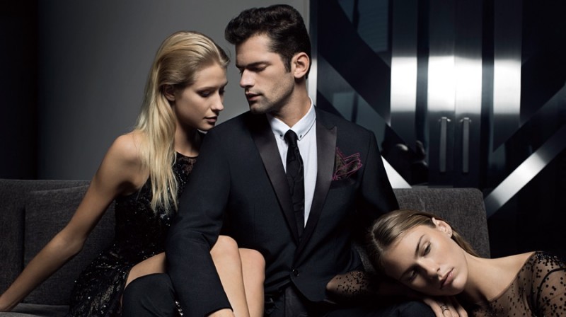 Sean O'Pry goes formal in a black tuxedo for Vicutu's spring-summer 2016 campaign.