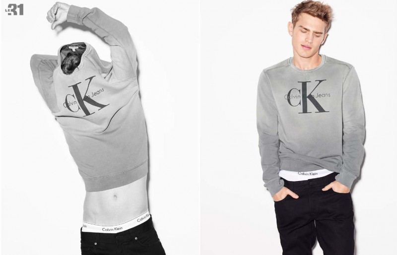 Bo Develius stars in a shoot for Simons, rocking casual staples from Calvin Klein Jeans and Calvin Klein Underwear.