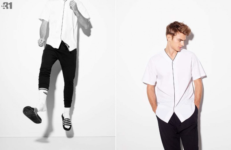 Bo Develius embraces sporty style in a baseball top for Simons.