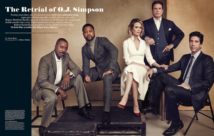 Photographed left to right, the cast of American Crime Story: Courtney B. Vance, Cuba Gooding Jr., Sarah Paulson, John Travolta and David Schwimmer.
