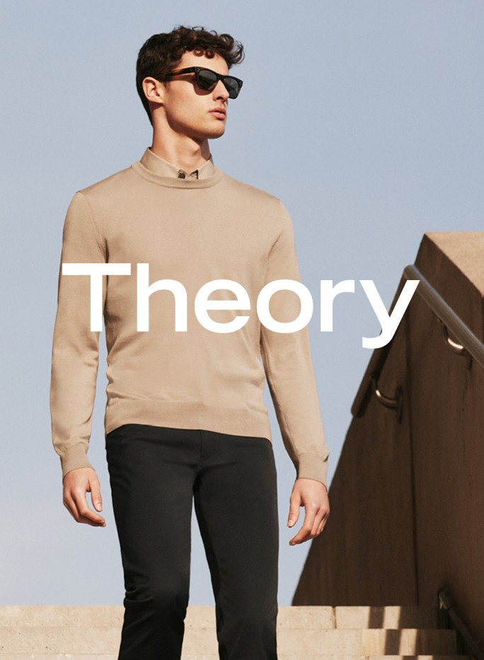 Model Hannes Gobeyn dons a camel hues sweater and shirt for Theory's spring-summer 2016 campaign.