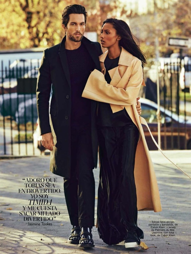 Tobias Sorensen and Jasmine Tookes are captured in sharp coats as they head outdoors for a stroll.