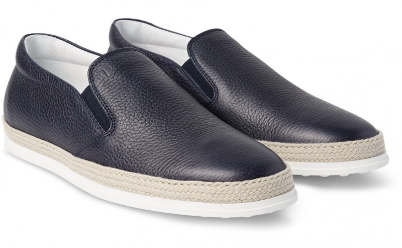 Tod's Raffia Trimmed Full Grain Leather Slip-on Sneakers