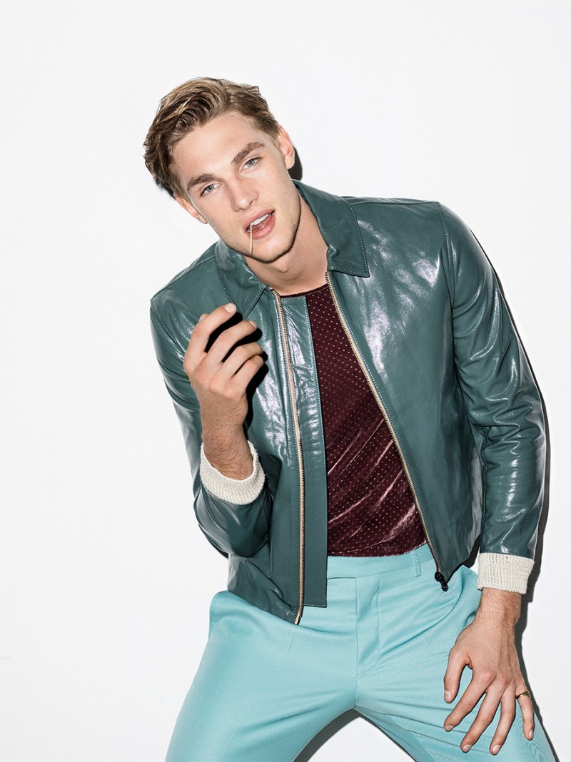 Tommy Marr embraces a pop of color in a leather jacket from Acne Studios.