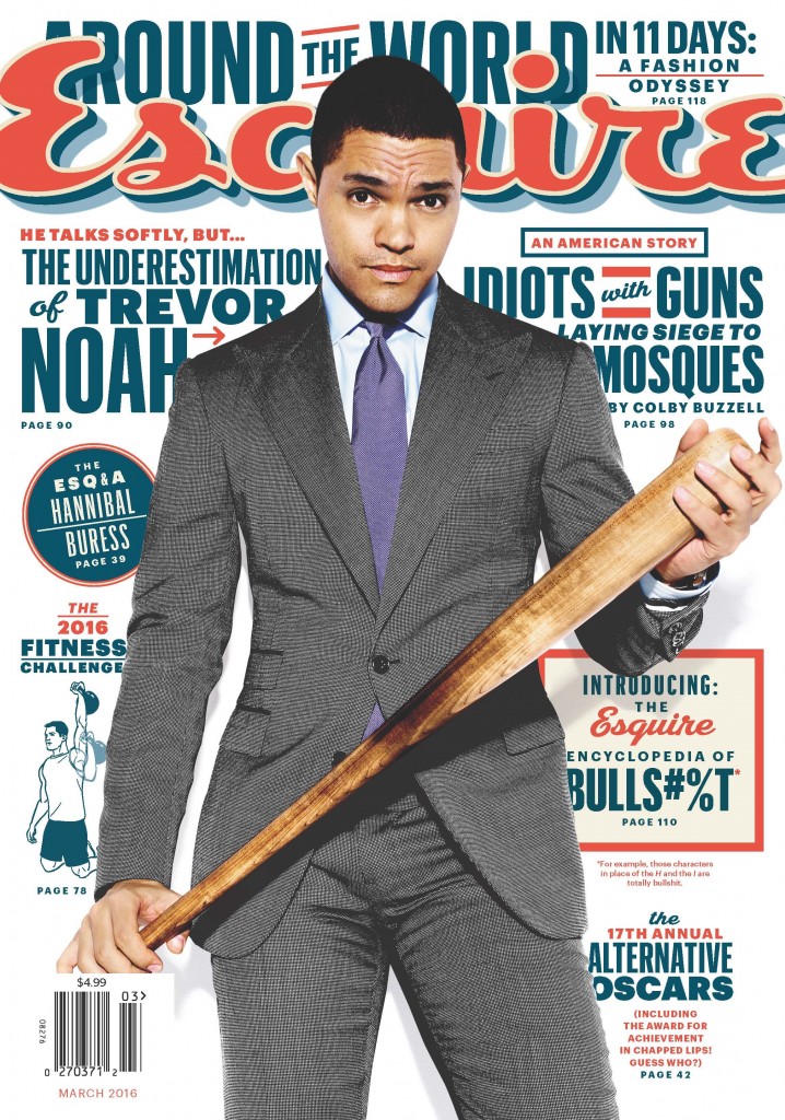 Trevor Noah covers the March 2016 issue of Esquire in a tailored suit from Ralph Lauren Purple Label.