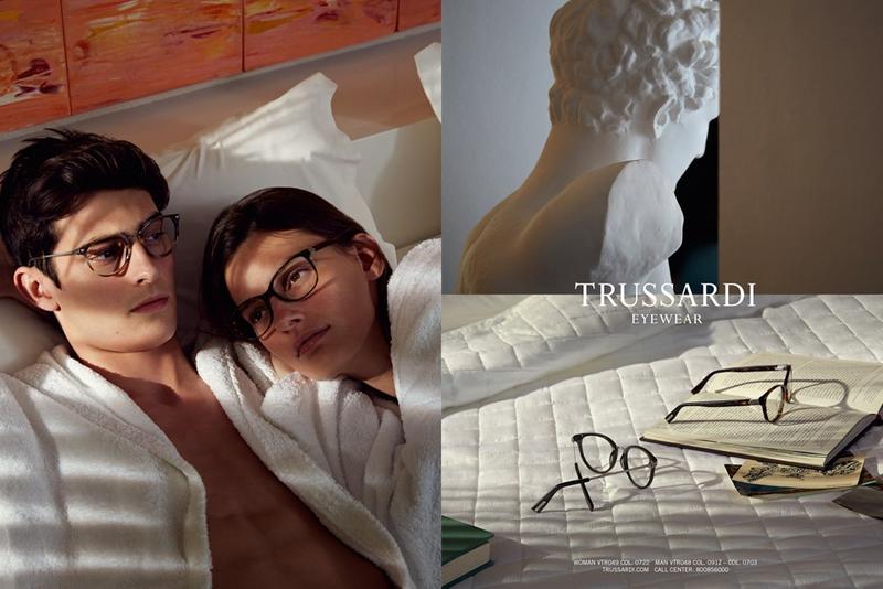 Starring in Trussardi's spring-summer 2016 eyewear campaign, Rhys Pickering lounges in bed with Amanda Murphy.