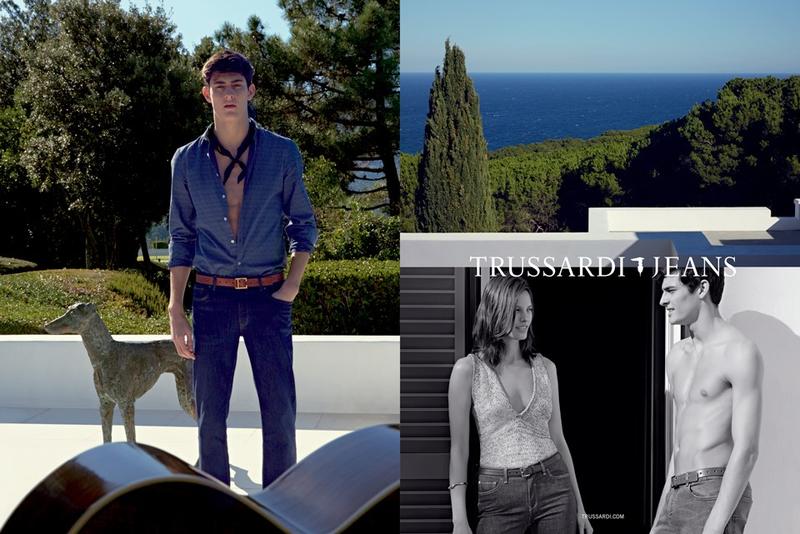 Rhys Pickering is captured poolside in a double denim look for Trussardi Jeans' spring-summer 2016 campaign.