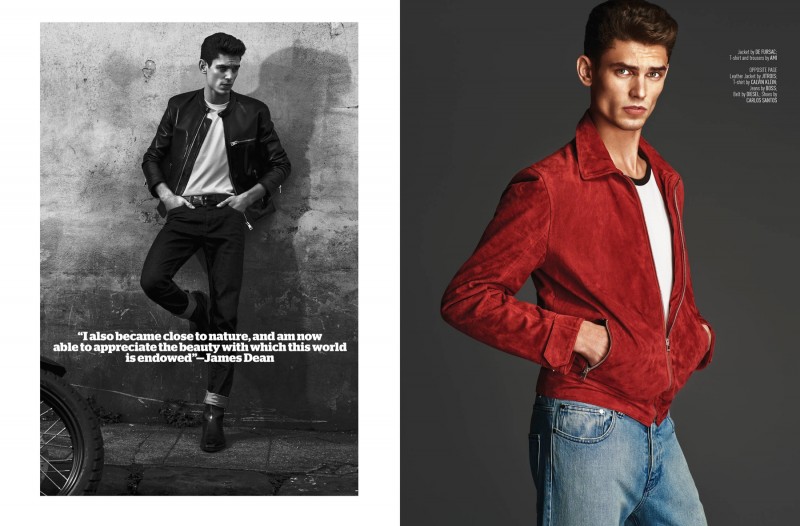 Channeling James Dean, Arthur Gosse is pictured right in a red Harrington jacket from De Fursac.