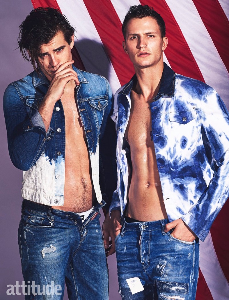 Model Matt Trethe and Nathaniel Visser sport bleached denim looks from Dsquared2.