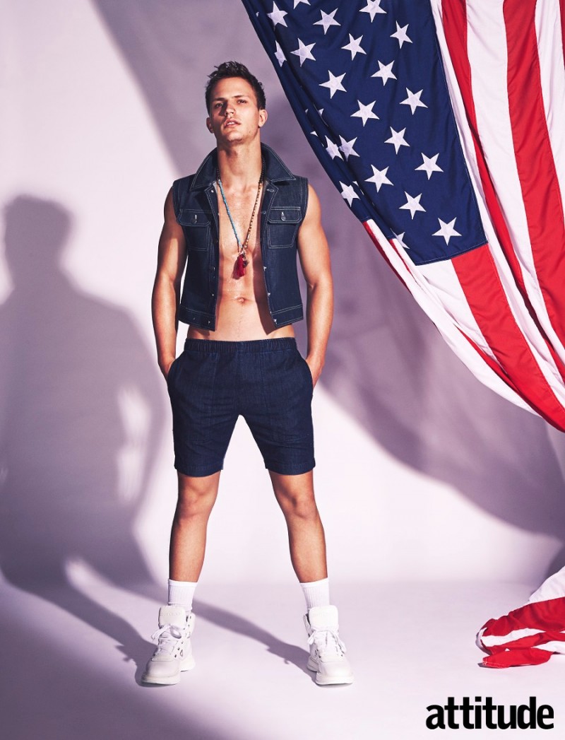 Nathaniel Visser embraces a blue outfit from Topman Design. » Attitude Goes All-American for Latest Fashion Spread Nathaniel Visser embraces a blue outfit from Topman Design.