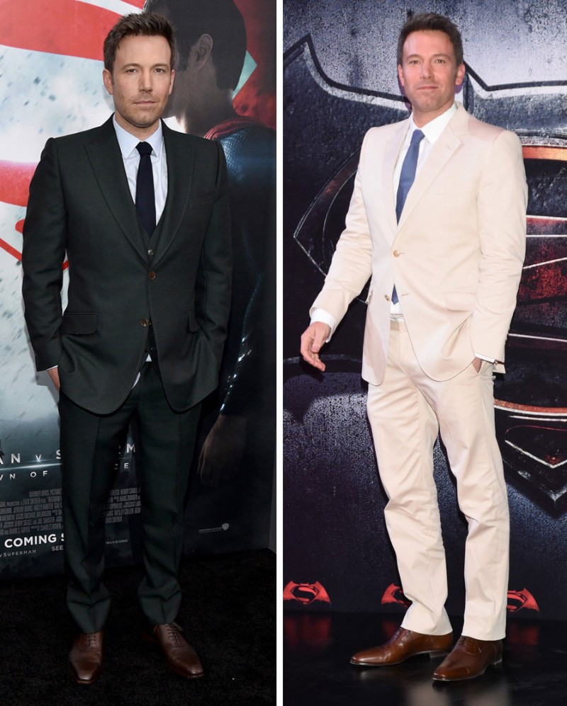 Pictured left, Ben Affleck wears a Gucci Made to Measure suit for the New York premiere of Batman v Superman: Dawn of Justice. Photographed right, Affleck dons a light Gucci suit for the film's Mexican premiere.