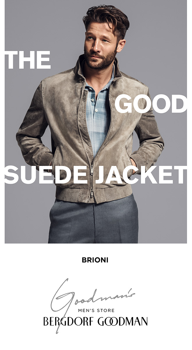 John Halls wears a Brioni suede jacket, available at Bergdorf Goodman. » Bergdorf Goodman Highlights Designer Must-Haves from Tom Ford, Brioni + More John Halls wears a Brioni suede jacket, available at Bergdorf Goodman.