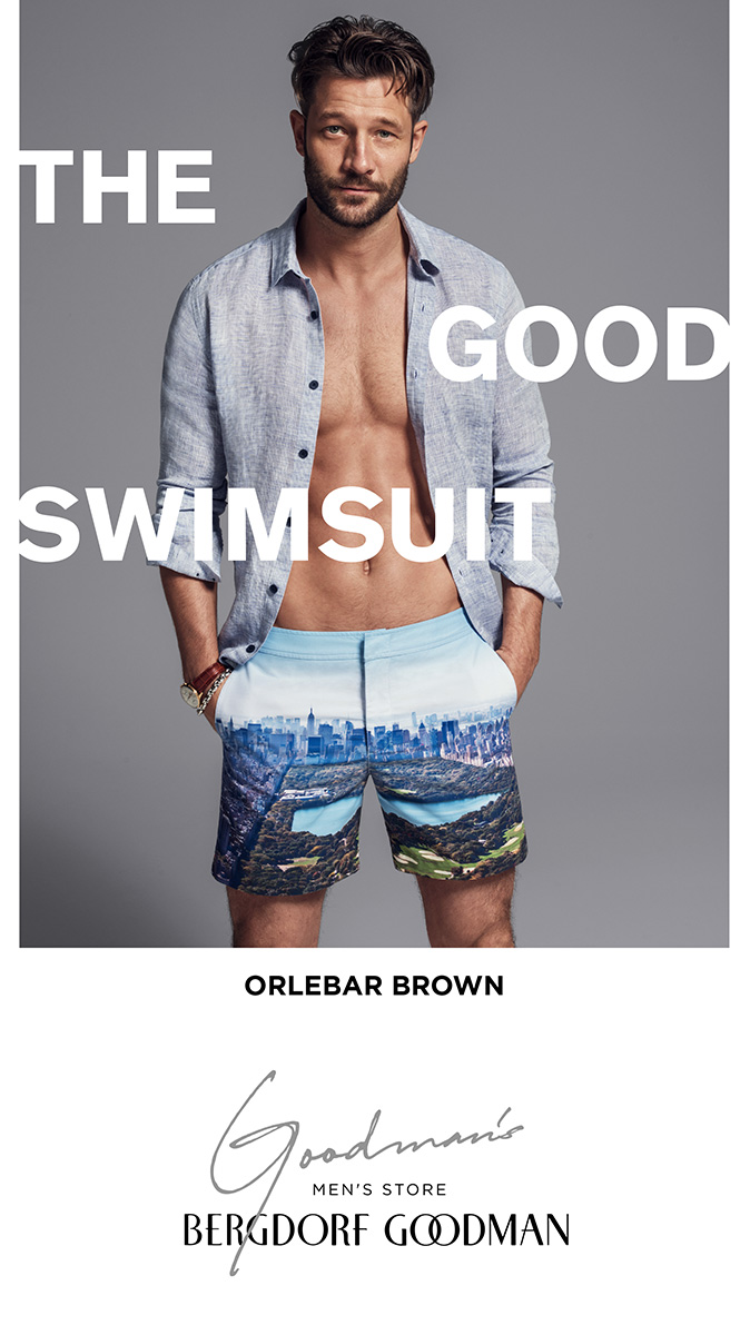 John Halls wears a Orlebar Brown swimsuit, available at Bergdorf Goodman.