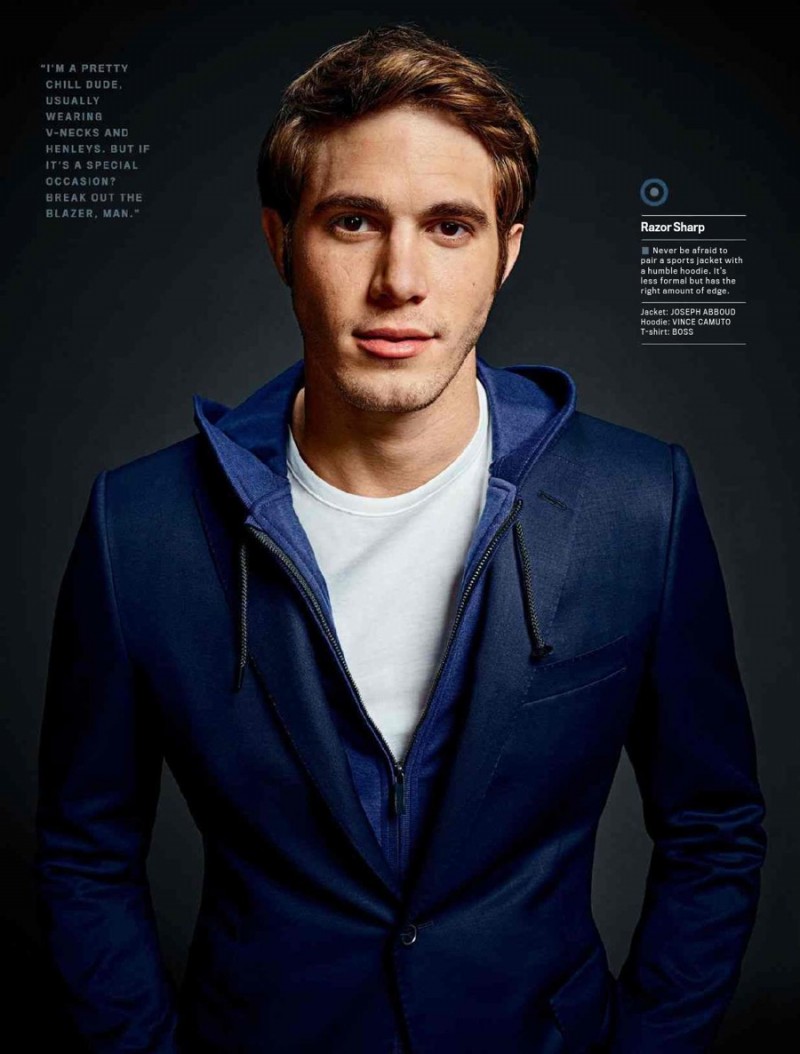 Blake Jenner layers a hoodie and navy blazer for Men's Fitness.
