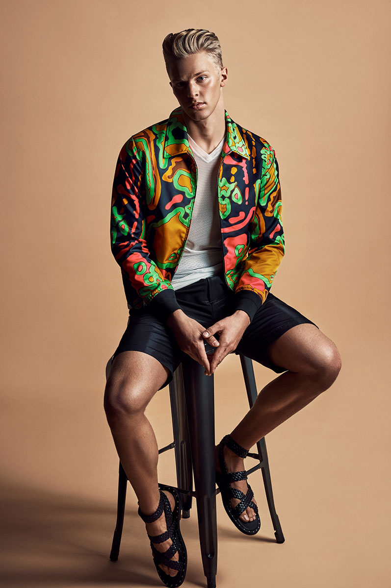 Clark Bockelman sports a graphic jacket from Coach's spring-summer 2016 collection.