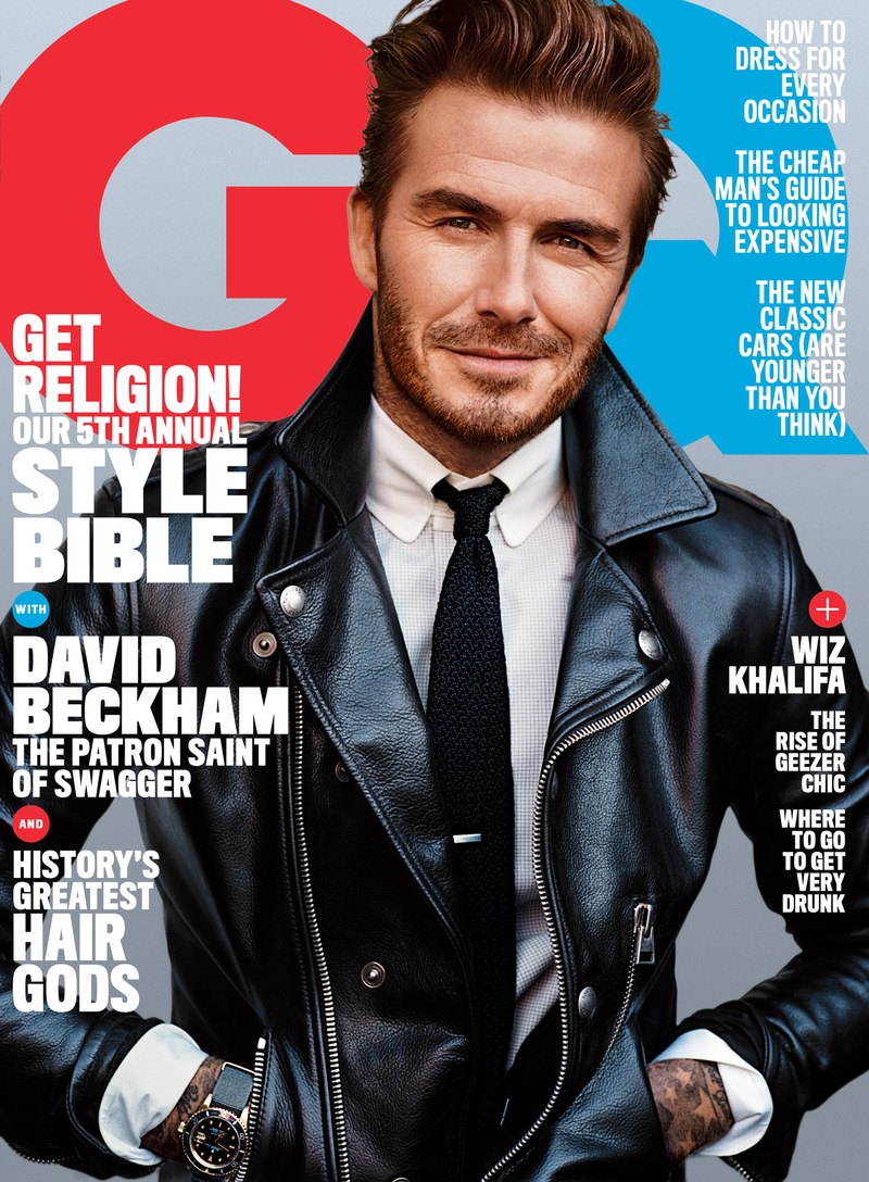 David Beckham covers the April 2016 issue of American GQ in a Tom Ford leather biker jacket.