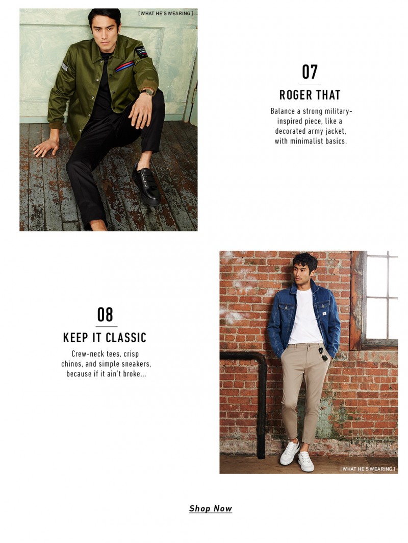 Military-inspired staples and iconic menswear bode well for the spring trends. Pictured above: Opening Ceremony patch coach jacket, YMC knit tee, Calvin Klein Collection pants, Miansai M12 leather watch and Linda Farrow and Ami three strap sneakers. Pictured below: A.P.C. tee, RVCA pants, Calvin Klein Jeans denim trucker jacket, Ray-Ban Caravan sunglasses and Ami sneakers.