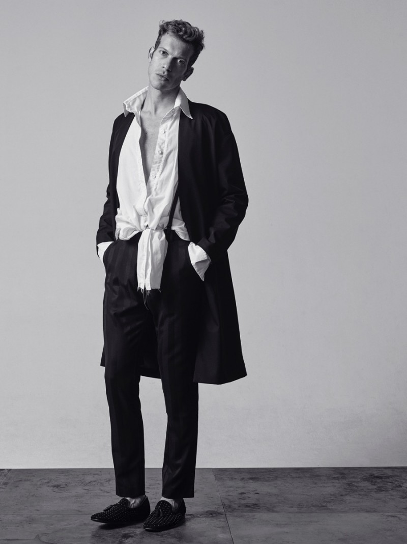 Matthieu wears coat Won Hundred, shirt Mirte van Wijngaarden, trousers Weekday, loafers ASOS and braces Filippa K.