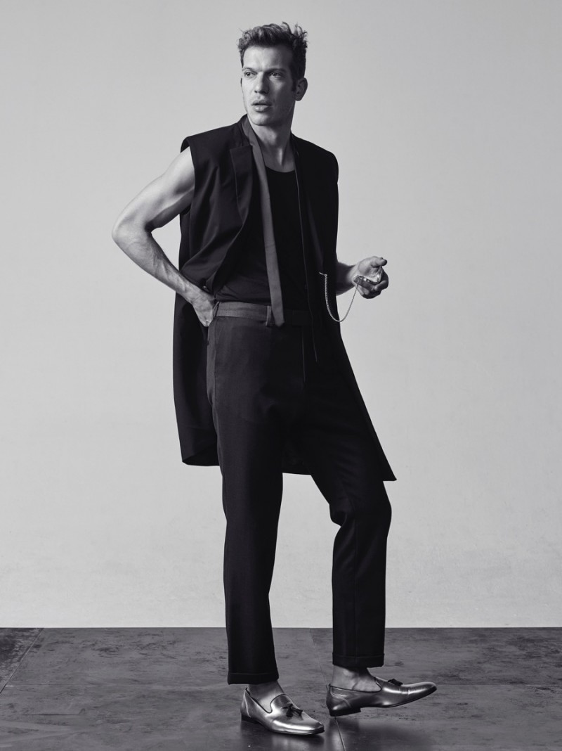 Matthieu wears vest Weekday, tank Calvin Klein, trousers Filippa K, shoes ASOS and pocket watch Danish Design.