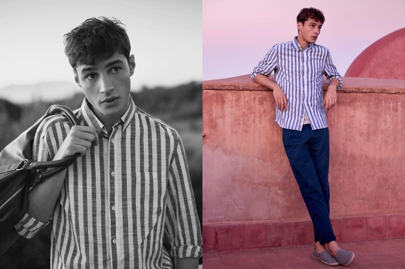 Adrien Sahores models a striped shirt with trousers from H&M's spring 2016 offering.