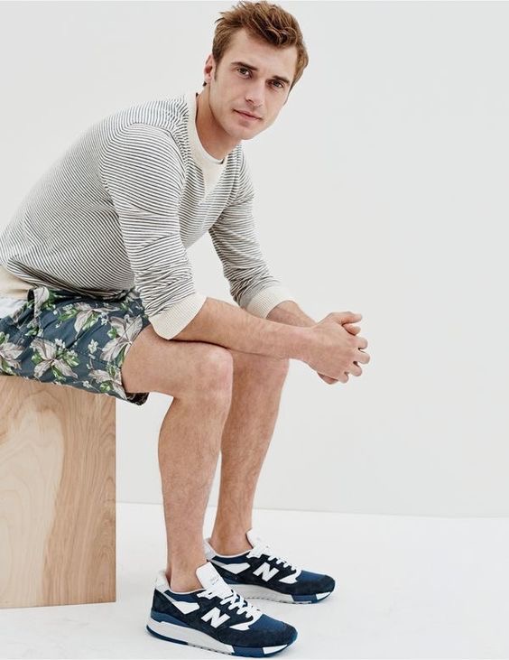 J.Crew men’s striped cotton sweatshirt sweater, dock short in large floral and New Balance® for J.Crew 998 midnight moon sneakers.