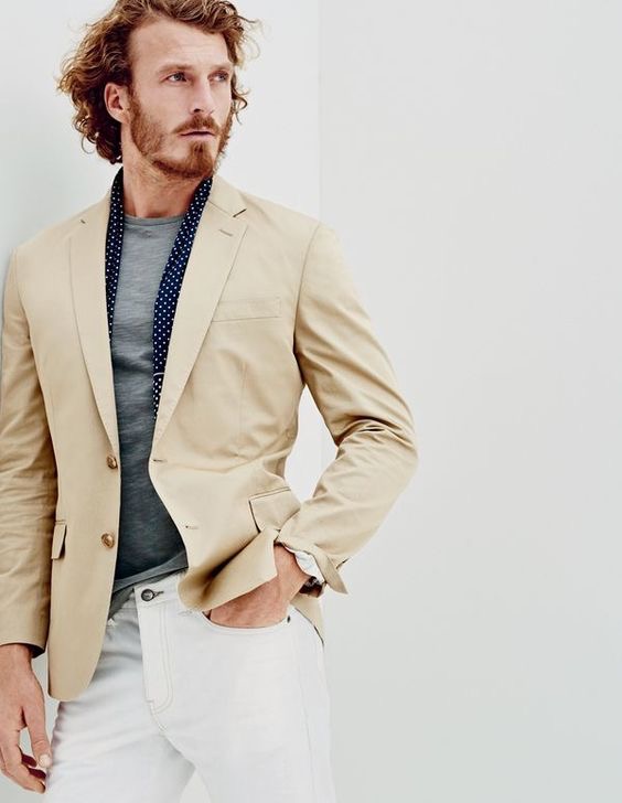 J.Crew men’s Crosby suit jacket in Italian chino, garment-dyed T-shirt, Japanese selvedge 770 jean in white and silk scarf in dot.