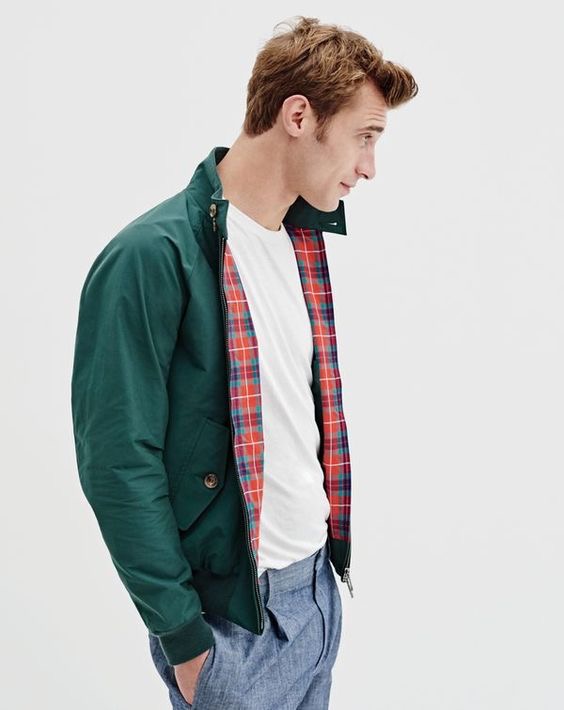 J.Crew men’s Baracuta® G9 Harrington jacket, broken-in T-shirt and pleated trouser in Cone Denim® indigo-dyed chambray.