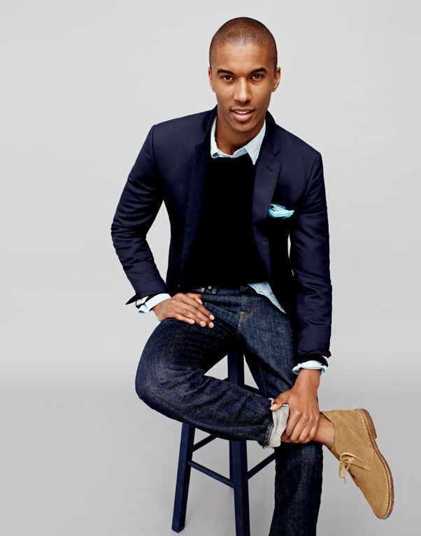 Weekend Dress-Down Style: J.Crew pairs its suit jacket with a chambray shirt, denim jeans and chukka boots for a polished casual ensemble.