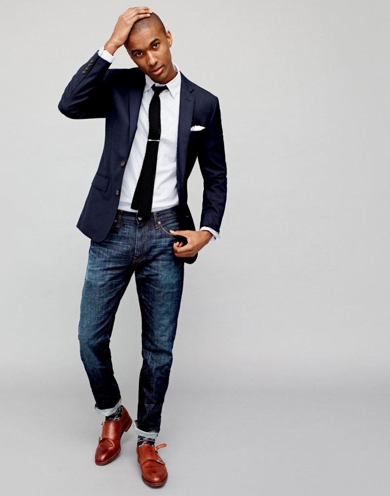 Modern Office Style: J.Crew exchanges the trousers for a pair of dark distressed denim jeans.
